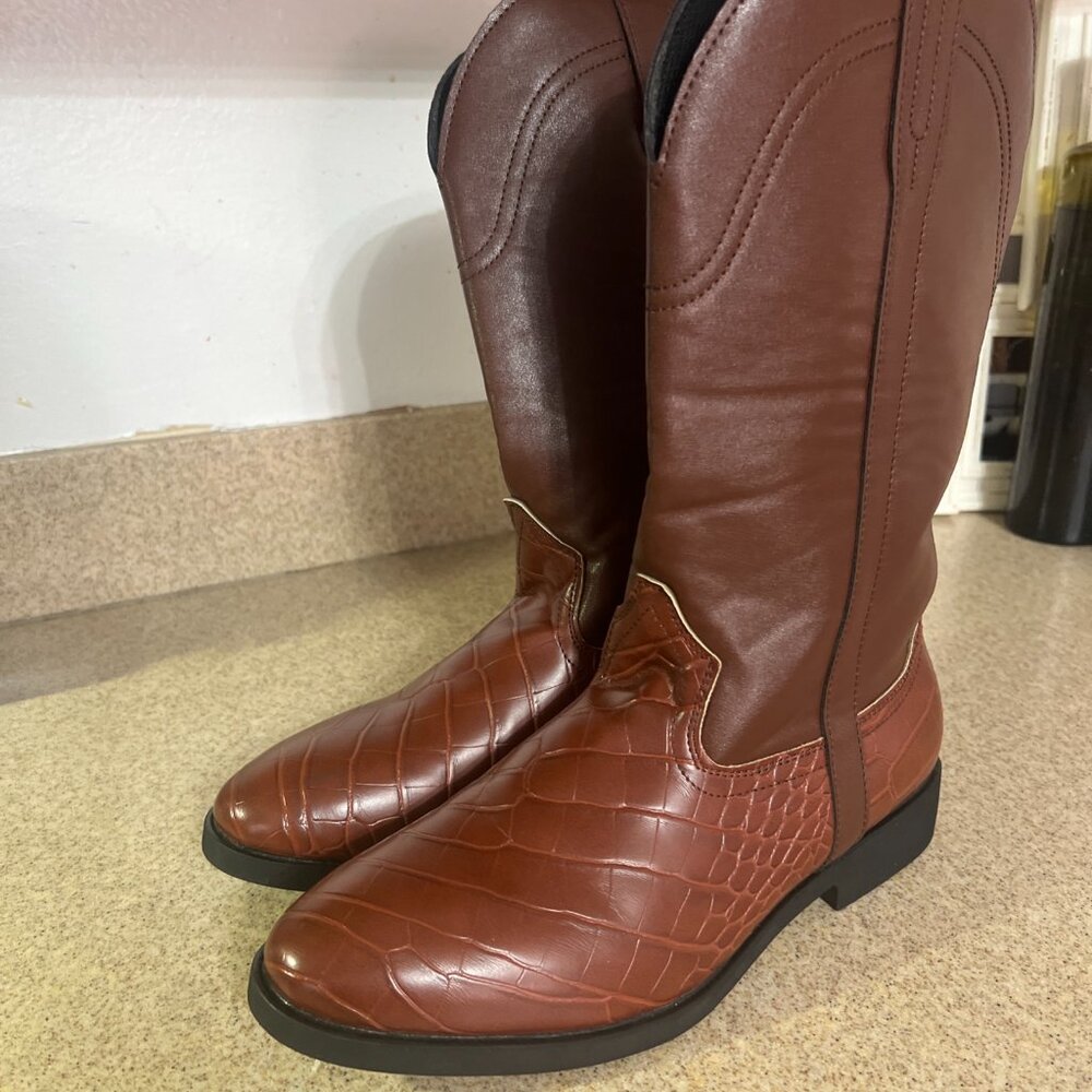 Unbranded Western‎ Cowboy Boots Womens 40 Brown Faux Crocodile Embossed Mid Calf